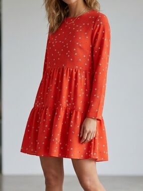 ASOS Red Ditsy Floral Mini Dress Long Sleeve Tiered Smock Flowy